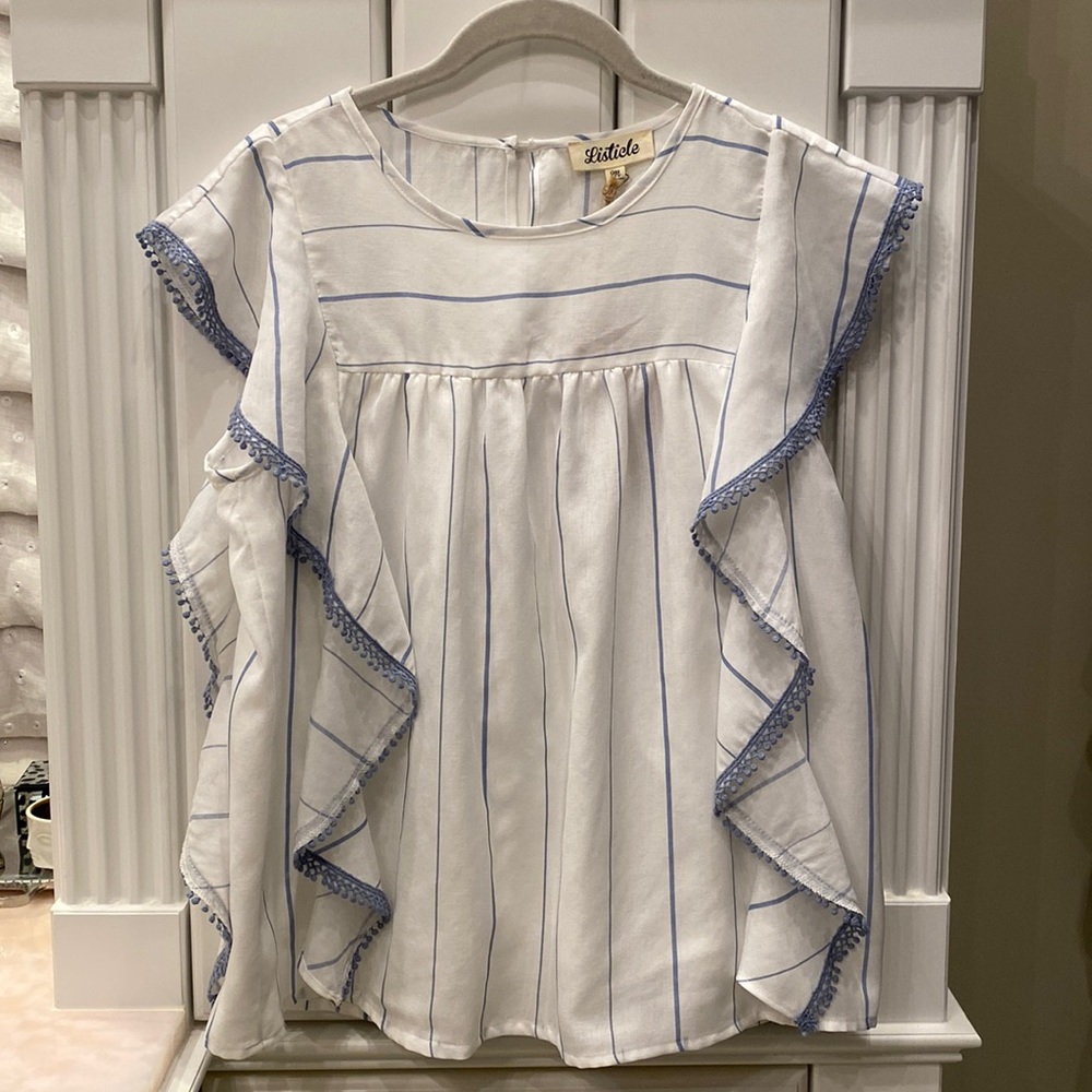 Listicle Blue Striped Top with Vertical Ruffles